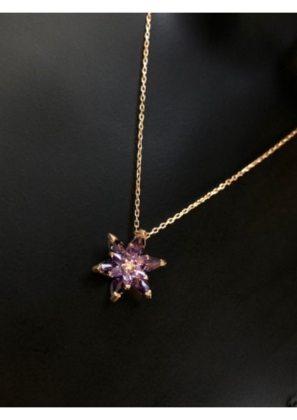 Lotus Çiçeği Serisi Mor Taşlı Roze Renk 925 Ayar Gümüş Kolye modelleri