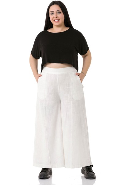 Büyük Beden Nervür Dikişli Cepli Fermuarlı Bol Paça Keten Beyaz Pantolon
