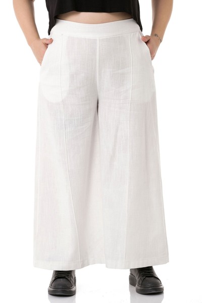 Büyük Beden Nervür Dikişli Cepli Fermuarlı Bol Paça Keten Beyaz Pantolon fiyatları