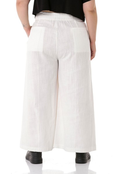 Büyük Beden Nervür Dikişli Cepli Fermuarlı Bol Paça Keten Beyaz Pantolon modelleri