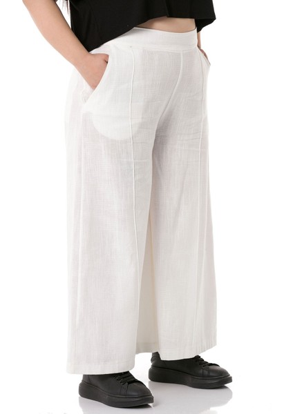 Büyük Beden Nervür Dikişli Cepli Fermuarlı Bol Paça Keten Beyaz Pantolon indirimleri