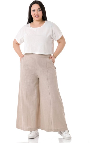 Büyük Beden Nervür Dikişli Cepli Fermuarlı Bol Paça Keten Bej Pantolon