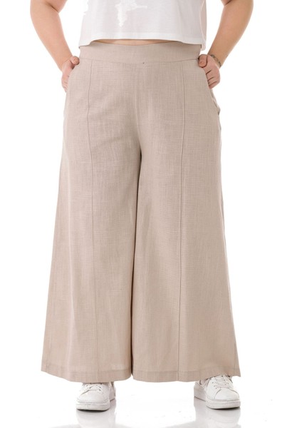 Büyük Beden Nervür Dikişli Cepli Fermuarlı Bol Paça Keten Bej Pantolon fiyatları