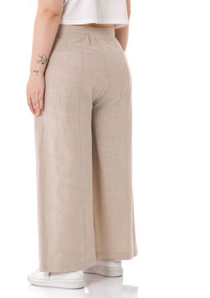 Büyük Beden Nervür Dikişli Cepli Fermuarlı Bol Paça Keten Bej Pantolon modelleri