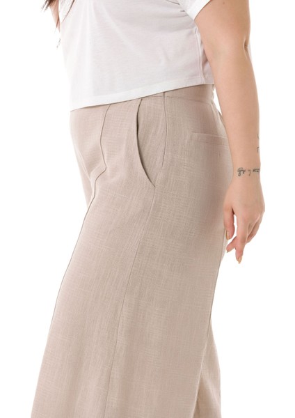 Büyük Beden Nervür Dikişli Cepli Fermuarlı Bol Paça Keten Bej Pantolon fırsatları