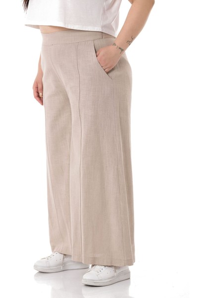 Büyük Beden Nervür Dikişli Cepli Fermuarlı Bol Paça Keten Bej Pantolon indirimleri