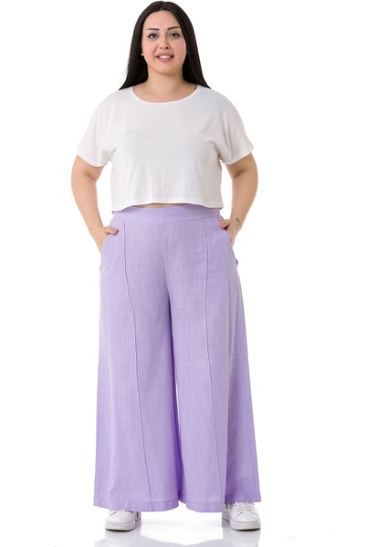 Büyük Beden Nervür Dikişli Cepli Fermuarlı Bol Paça Keten Lila Pantolon