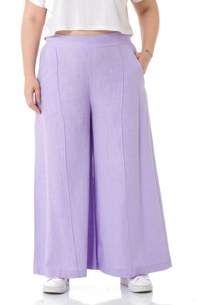 Büyük Beden Nervür Dikişli Cepli Fermuarlı Bol Paça Keten Lila Pantolon fiyatları
