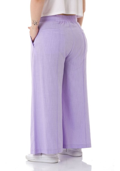 Büyük Beden Nervür Dikişli Cepli Fermuarlı Bol Paça Keten Lila Pantolon modelleri