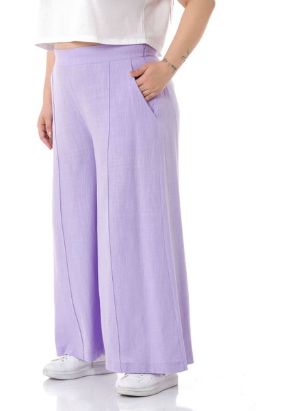 Büyük Beden Nervür Dikişli Cepli Fermuarlı Bol Paça Keten Lila Pantolon indirimleri