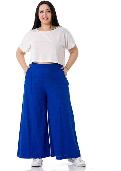 Büyük Beden Nervür Dikişli Cepli Fermuarlı Bol Paça Keten Indigo Pantolon