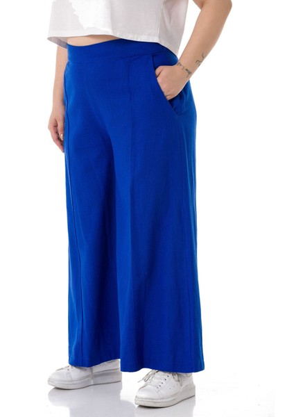 Büyük Beden Nervür Dikişli Cepli Fermuarlı Bol Paça Keten Indigo Pantolon indirimleri