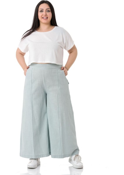 Büyük Beden Nervür Dikişli Cepli Fermuarlı Bol Paça Keten Su Yeşili Pantolon