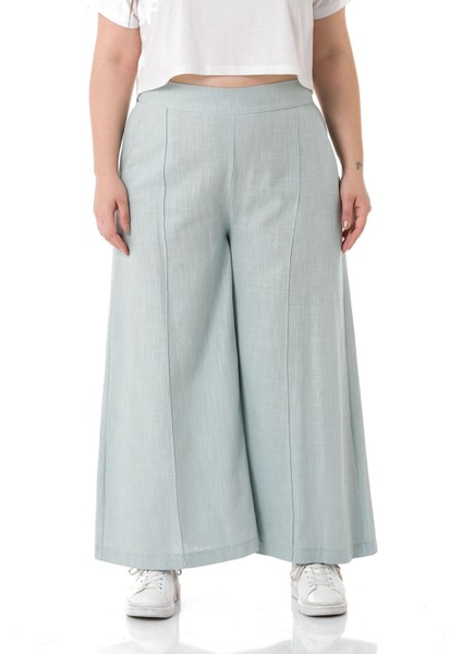 Büyük Beden Nervür Dikişli Cepli Fermuarlı Bol Paça Keten Su Yeşili Pantolon fiyatları