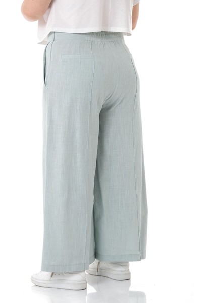Büyük Beden Nervür Dikişli Cepli Fermuarlı Bol Paça Keten Su Yeşili Pantolon modelleri