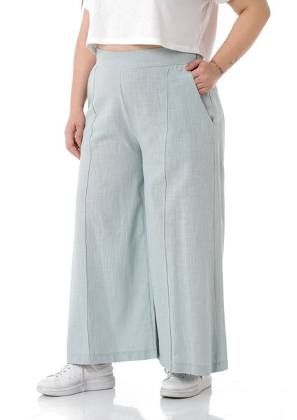 Büyük Beden Nervür Dikişli Cepli Fermuarlı Bol Paça Keten Su Yeşili Pantolon indirimleri