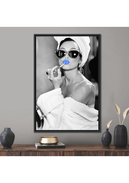 1 Parça Siyah Çerçeveli Kadın Kanvas Baskı Audrey Dudak Sanat Eseri