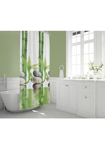 Banyo Perdesi Bamboo Desen Yerli Üretim Duş Perdesi Plastik C-Halka Hediye 180X200CM Banyo Perdeleri