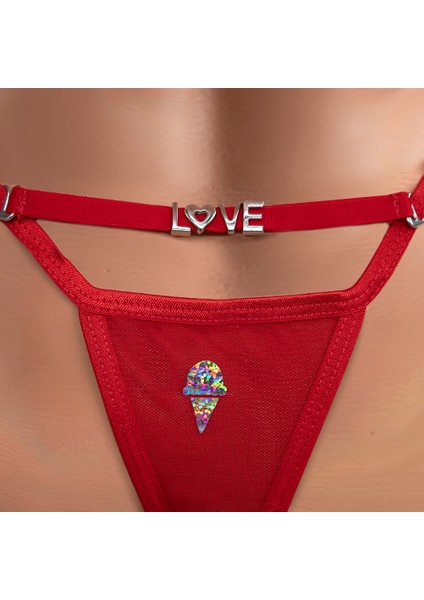 - Ice Cream Baskılı Transparan Tül G-string, Tanga, Kadın Iç Çamaşırı (Kırmızı)