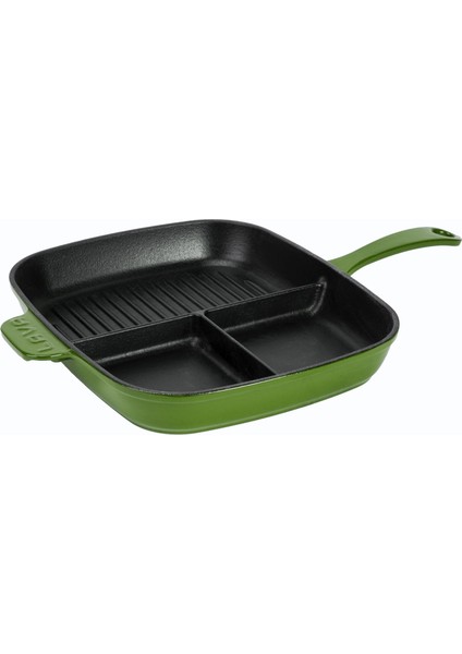 Döküm Dikdörtgen 3 Bölmeli Izgara Tava Döküm Demir Yekpare Saplı Ölçü: 26X30 Cm. - Yeşil