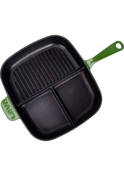 Döküm Dikdörtgen 3 Bölmeli Izgara Tava Döküm Demir Yekpare Saplı Ölçü: 26X30 Cm. - Yeşil fiyatları