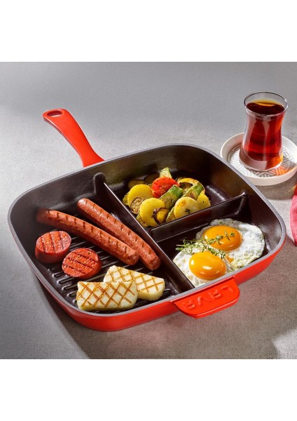 Döküm Dikdörtgen 3 Bölmeli Izgara Tava Döküm Demir Yekpare Saplı Ölçü: 26X30 Cm. - Yeşil fırsatları