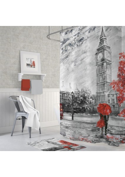 Tropik Home Banyo Perdesi Bigben Londra Desenli Dijital Baskılı Solmaz Su Geçirmez Duş Perdesi 12 C Halka Hediye