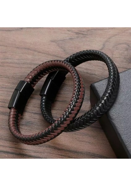 Kahverengi Siyah 2'li Hasır Deri Bileklik Seti
