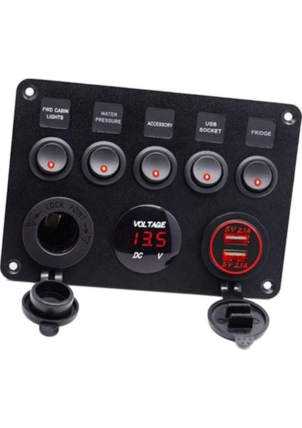 5 Çete Rocker Anahtarı / Dijital Voltmetre +12V Güç Soketi +Çift USB (Yurt Dışından)