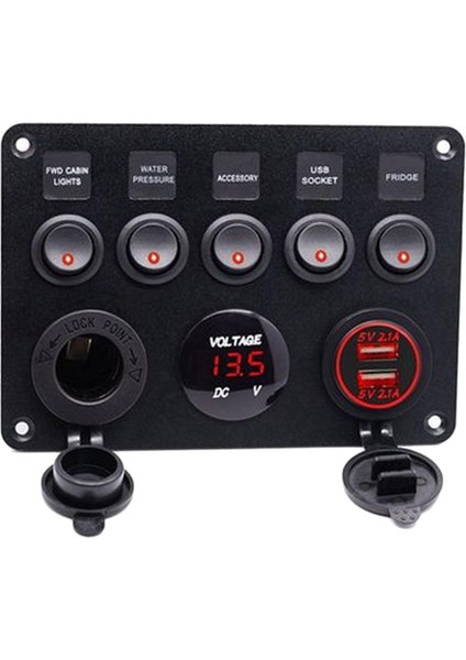 5 Çete Rocker Anahtarı / Dijital Voltmetre +12V Güç Soketi +Çift USB (Yurt Dışından)