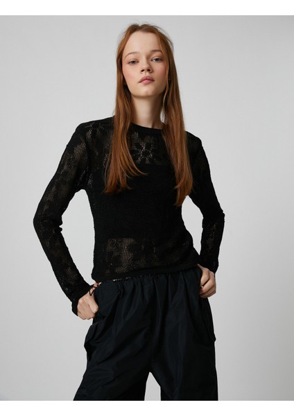 Ajurlu Kazak Uzun Kollu Viskon Bisiklet Yaka Çiçekli