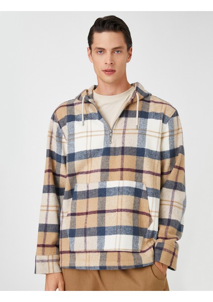 Ekoseli Oversize Sweatshirt Kapşonlu Cep Detaylı Yarım Fermuarlı fiyatları