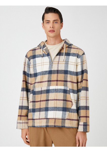 Ekoseli Oversize Sweatshirt Kapşonlu Cep Detaylı Yarım Fermuarlı modelleri