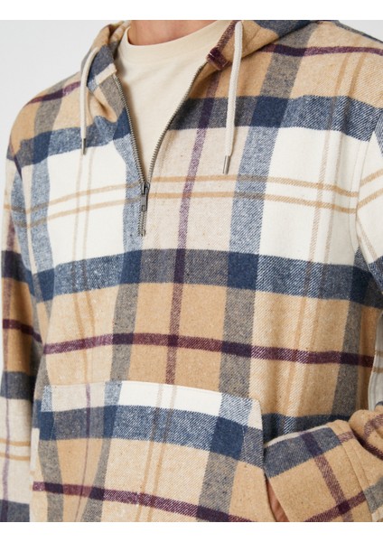 Ekoseli Oversize Sweatshirt Kapşonlu Cep Detaylı Yarım Fermuarlı indirimleri