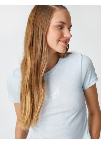 Crop Tişört Baskılı Bisiklet Yaka Kısa Kollu Fitilli