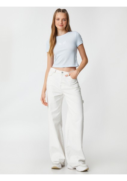 Crop Tişört Baskılı Bisiklet Yaka Kısa Kollu Fitilli fiyatları