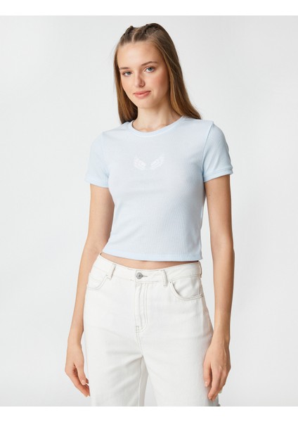 Crop Tişört Baskılı Bisiklet Yaka Kısa Kollu Fitilli modelleri