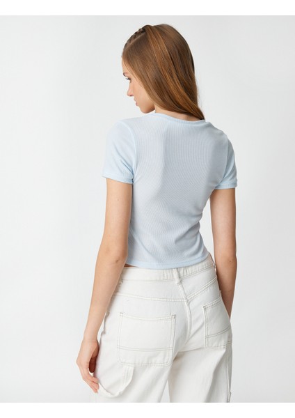 Crop Tişört Baskılı Bisiklet Yaka Kısa Kollu Fitilli fırsatları