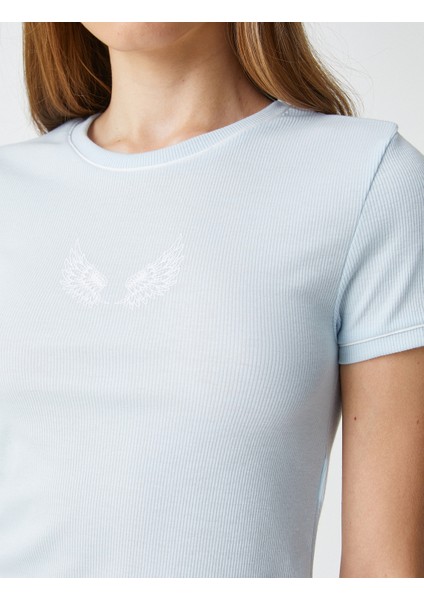 Crop Tişört Baskılı Bisiklet Yaka Kısa Kollu Fitilli indirimleri