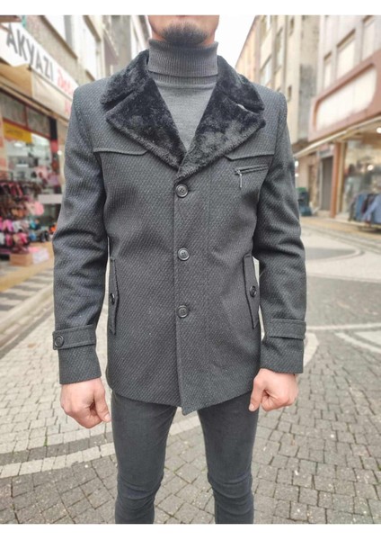 Retro Cep ve Fermuar Detaylı Kürklü Yaka Kaşe Kaban Palto Siyah
