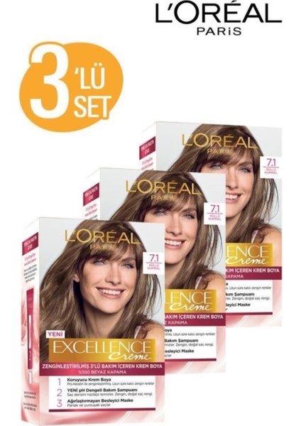 L'oreal Paris Excellence Creme Saç Boyası - 7.1 Küllü Kumral 3'lü Set