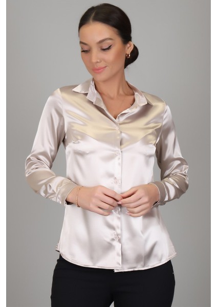 Sweetness Kadın Açık Bej Likralı Saten Uzun Kol Abiye Gömlek