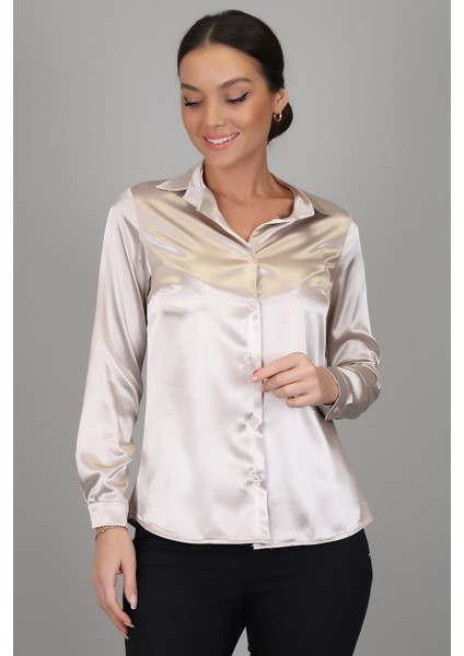 Sweetness Kadın Açık Bej Likralı Saten Uzun Kol Abiye Gömlek fiyatları