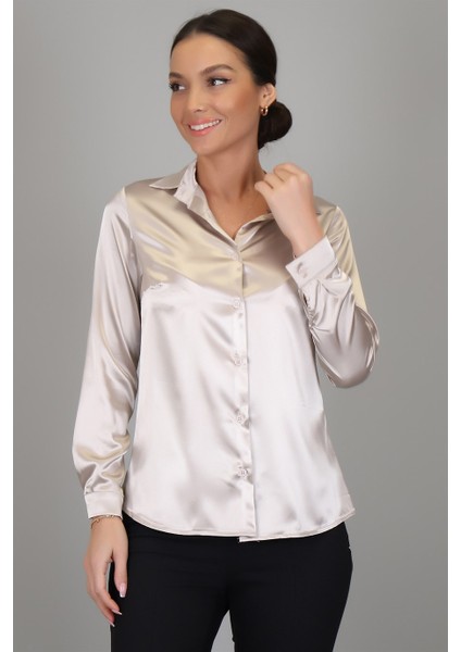 Sweetness Kadın Açık Bej Likralı Saten Uzun Kol Abiye Gömlek modelleri