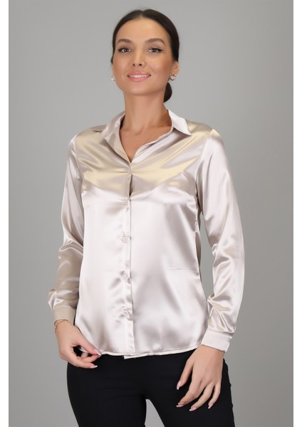 Sweetness Kadın Açık Bej Likralı Saten Uzun Kol Abiye Gömlek fırsatları