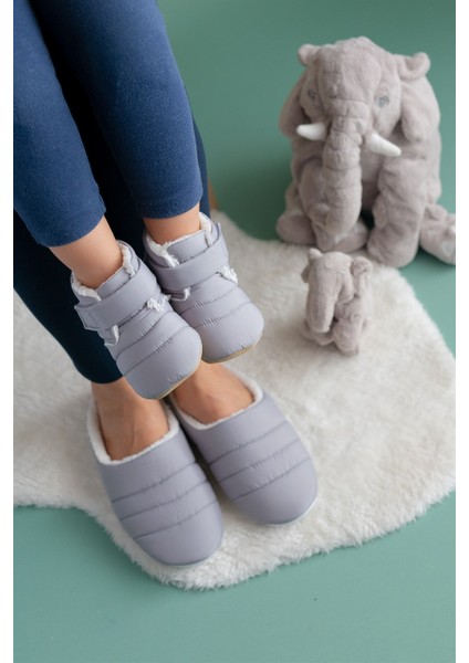 Paraşüt Kumaş Kürklü Anne Terlik ve Bebek Panduf (Terlik ve Panduf Ayrı SATILMAKTADIR.)-GRI/GREY-T-1007