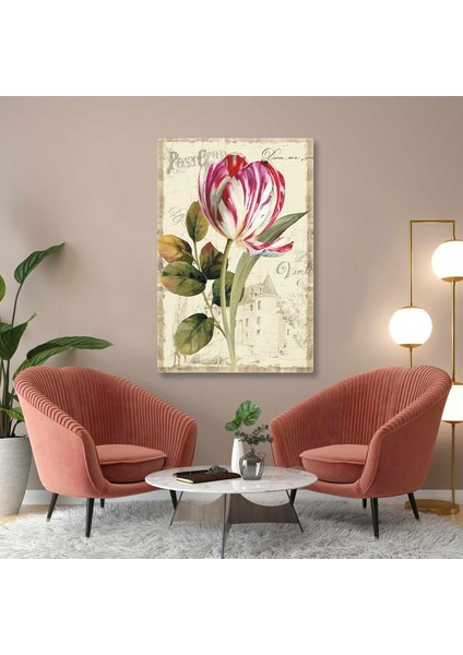Pembe ve Beyaz Alacalı Lale Vintage Grand Jardin Dekoratif Kanvas Tablo