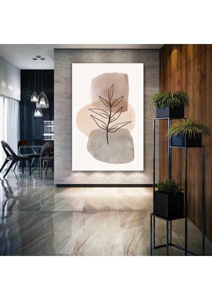 Kahverengi Tonlarında Sulu Boya Izleri ve Yapraklar Line Art Boho Kanvas Tablo