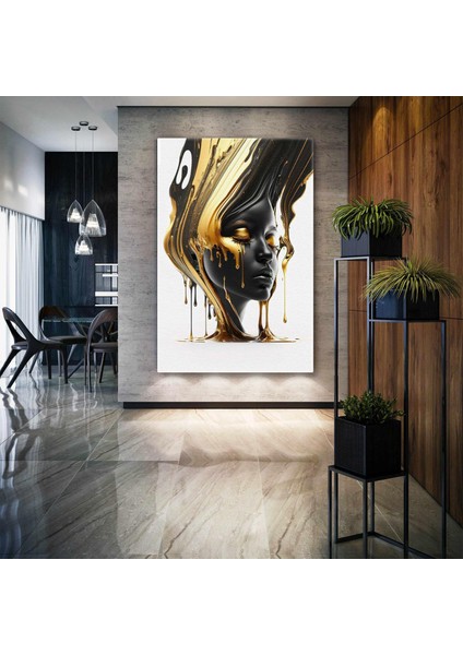 Siyah ve Gold Boya Akmaları Ebru Sanatı Kadın Portre Modern Kanvas Tablo