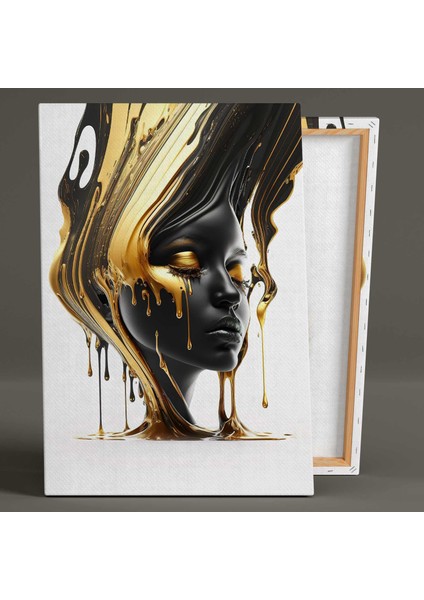 Siyah ve Gold Boya Akmaları Ebru Sanatı Kadın Portre Modern Kanvas Tablo